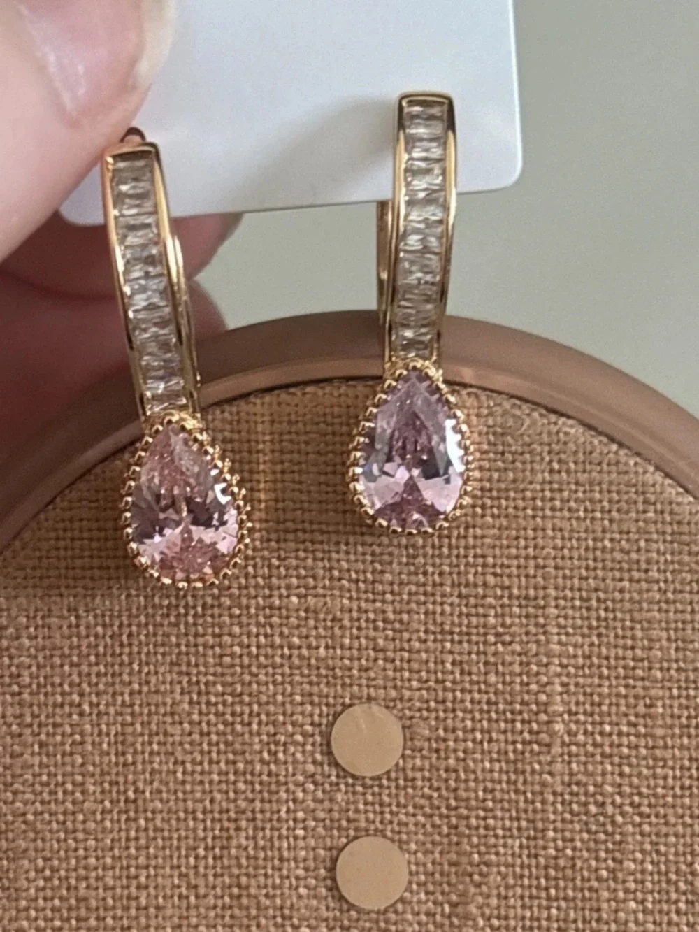 Rose Gold Plated Pink CZ Teardrop Dangle Hoop Earrings Baguette Accent - Picture 5 of 7